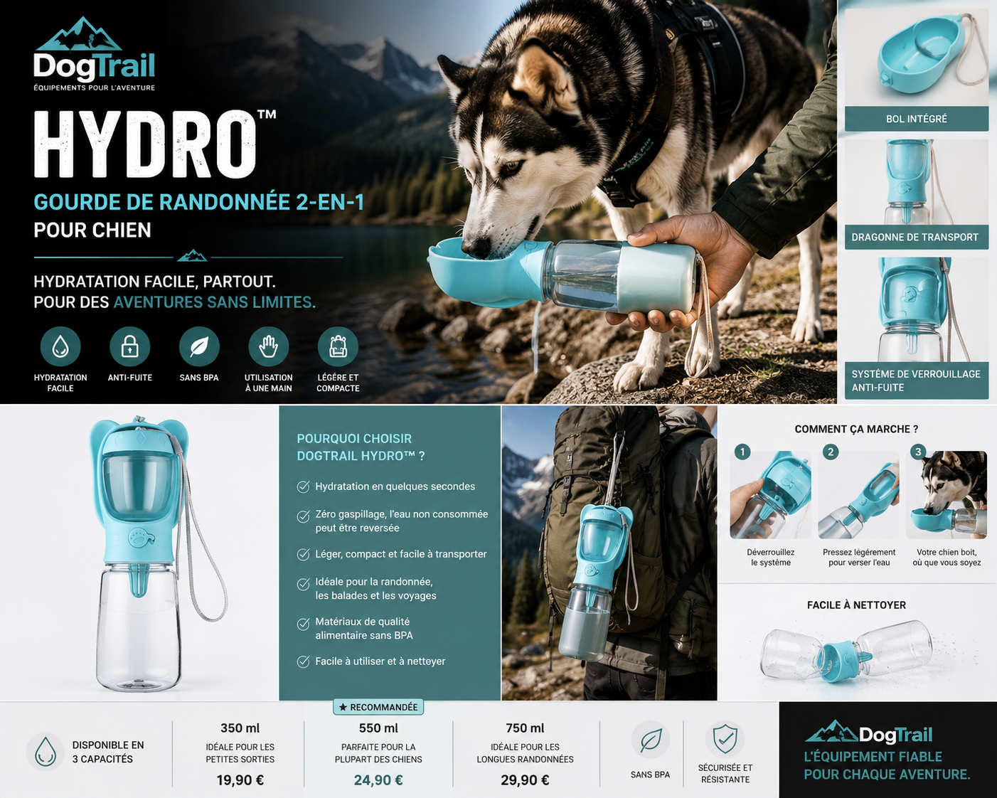 Gourde de randonnée 2-en-1 DogTrail Hydro™